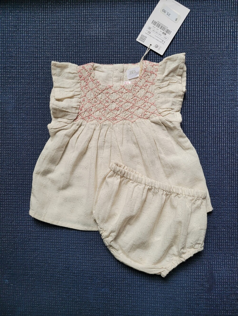 Zara Cream Baby Dress with Pink Smocked Bodice and Matching Bloomers 1-3 months